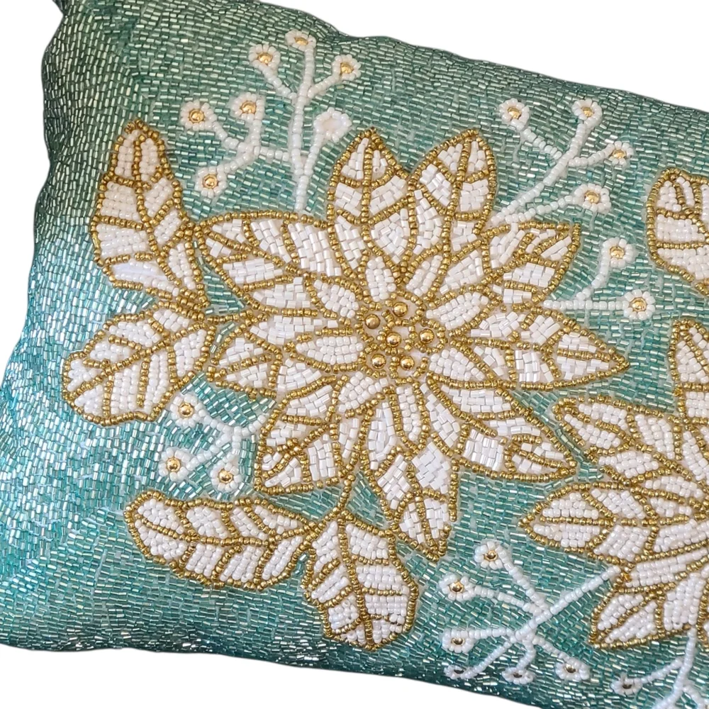Holiday Floral Beaded Pillow - Teal and Gold Festive Home Gift Modern